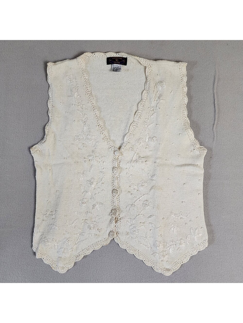 Charter Club Women's Ivory Knit Embroidered Scalloped Button Vest Size M